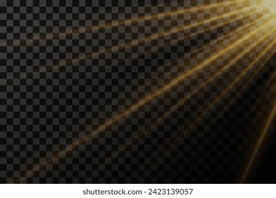Bright golden rays of light and sun, spotlights, lighting on a transparent background