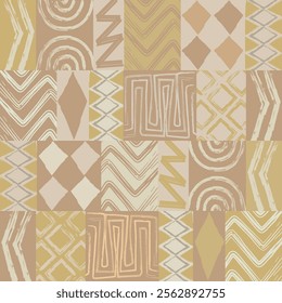 Bright golden seamless pattern. African totem. Geometric hand drawn patterns. Traditional ethnic tribal style. African ancient murals and cloth patterns