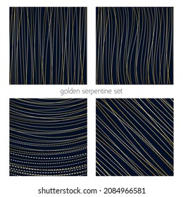 Bright golden serpentine backgrounds set. Beads, bugle. Holiday theme. New Year, Christmas template decoration . Shiny texture. Vector design.