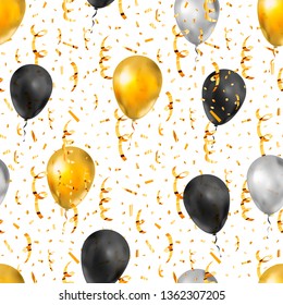 Bright golden serpentine, confetti and balloons, luxury seamless pattern on white background