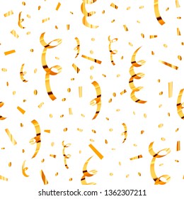 Bright golden serpentine and confetti, seamless pattern on white background