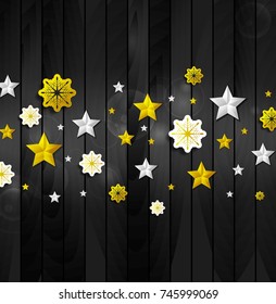 Bright golden silver stars and snowflakes on dark wooden background. Christmas or New Year 2018 vector greeting card design