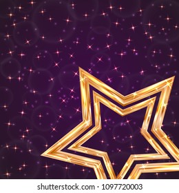 Bright golden star on a dark purple background with sparkling particles. Luxury gold vector illustration. Easy to edit design template for your artworks.