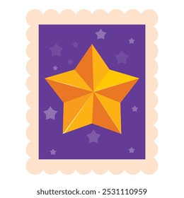 Bright golden star is shining on a purple postage stamp with smaller stars in the background