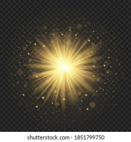 Bright golden Star. Shining sun, bright flash on a transparent background. Gold sparks glitter special light effect. Christmas abstract pattern. Sparkling magic dust particles.