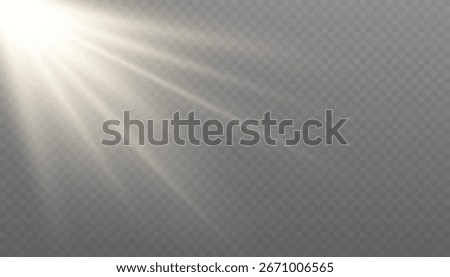 Bright golden sun flare with light rays. Realistic vector illustration of a glowing starburst effect on a transparent background. Ideal as a design element, photo overlay, or symbol of hope and innova