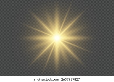 bright golden sunburst light effect with glowing rays on transparent background design