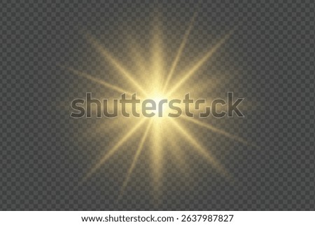 bright golden sunburst light effect with glowing rays on a transparent background.