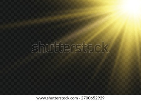 Bright golden sunray coming from corner, abstract sunbeam light vector element. diagonal radial illumination on transparent backdrop, glowing flash, visual design concept.