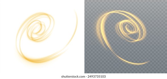 Bright golden twirl on a white and transparent background, glowing spiral line effect. For web design and gaming industry.