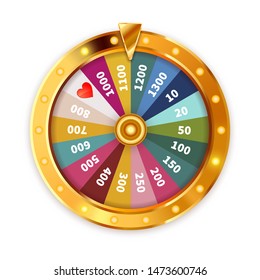 Bright Golden Wheel of Fortune with lighting bulbs isolated on white