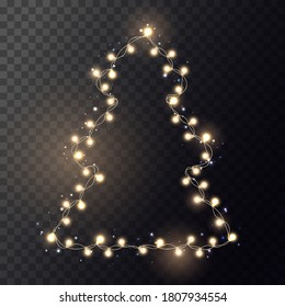 Bright golden and yellow garland on christmas tree. String with realistic lights on transparent background. Decor for party, festive or birthday. Isolated vector template for banner or advertising