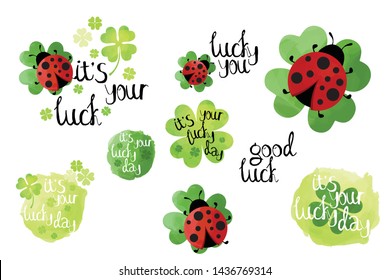 Bright good luck wishes card elements set, drawn labels on white background