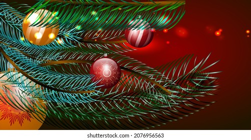 Bright graceful background with branches of a Christmas tree and balls