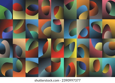 Bright Gradient Abstract Shapes Vector Grid. A dynamic vector grid background featuring vibrant gradients and abstract, rounded shapes. A visually striking addition to your design toolkit