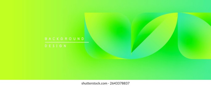 Bright gradient background features abstract leaf shapes. Vivid green hues blend smoothly, creating dynamic visual effect. Minimalist design.