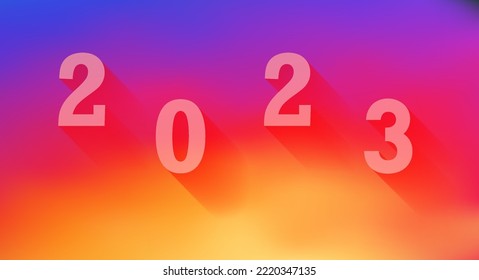 Bright gradient background, mesh. Numbers with a long shadow. Merry Christmas and happy New Year 2023 background. Christmas greeting card template. Vector illustration.