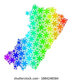 Bright gradient collage of Castellon Province map designed for New Year sales. Castellon Province map mosaic is constructed of multicolored snow flakes. Designed for New Year projects.