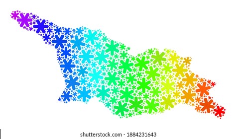 Helle Farbverlauf-Collage von Georgia Karte für Weihnachtsverkäufe. Georgia Map Mosaik ist aus buntem Schnee entworfen. Entwickelt für Winterprojekte.