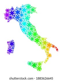 Collage de gradiente brillante de Italia mapa combinado para anuncios de invierno. El mosaico de mapas de Italia está diseñado a partir de vibrantes copos de nieve. Diseñado para publicidad en invierno.