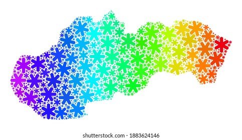 Bright gradient collage of Slovakia map combined for Christmas ads. Slovakia map mosaic is designed from bright snow icons. Designed for political projects.