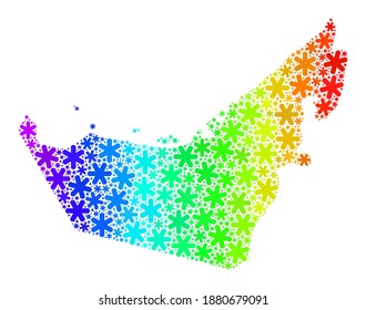 Bright gradient collage of United Arab Emirates map organized for New Year holidays. United Arab Emirates map mosaic is composed from bright snow items. Designed for New Year illustrations.