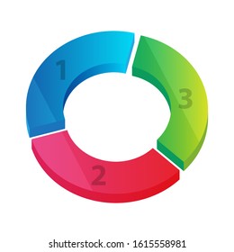 Bright gradient color 3D circle pie chart, consisting of 3 parts. Vector infographic template.