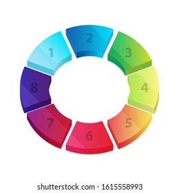 Bright gradient color 3D circle pie chart, consisting of 8 parts. Vector infographic template.