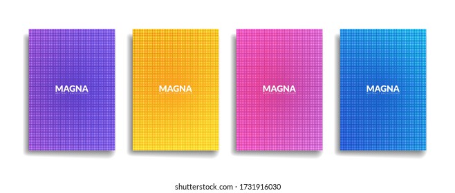 bright gradient color abstract dot pattern background cover design. modern background design with trendy and vivid vibrant color. blue violet red orange green placard poster vector cover template.
