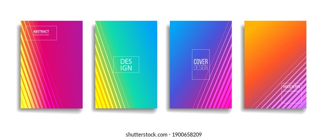 bright gradient color abstract line pattern background cover design. modern background design with trendy and vivid vibrant color. blue violet red orange green placard poster vector cover template.