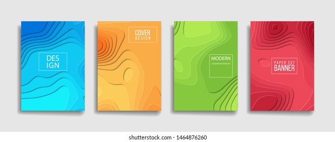 bright gradient color abstract paper cut pattern background cover design. cool background for presentation banner brochure sale. blue green red orange yellow placard poster vector cover template.