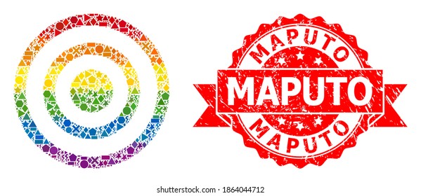 Bright gradient colored geometric mosaic concentric circles, and Maputo scratched seal. Red stamp seal contains Maputo title inside ribbon.