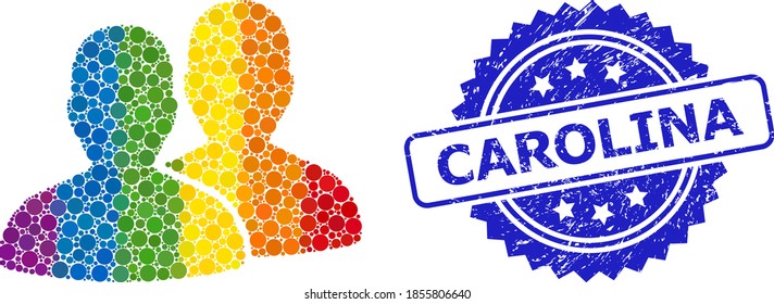Bright gradient colored rounded dot mosaic users, and Carolina dirty rosette stamp. Blue stamp seal has Carolina tag inside rosette. Vector users mosaic is done of randomized colored round items.