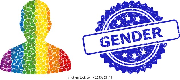 Bright gradient colorful circle collage user, and Gender unclean rosette seal imitation. Blue stamp seal contains Gender text inside rosette.