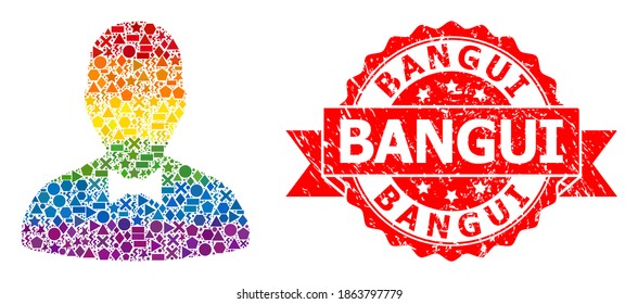 Bright gradient colorful geometric mosaic gentleman, and Bangui scratched seal imitation. Red seal has Bangui tag inside ribbon.