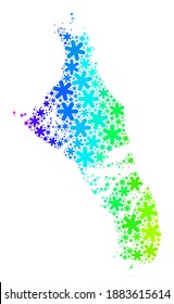 Composición de gradiente brillante del mapa de la isla Andros de las Bahamas organizado para las vacaciones de Año Nuevo. Mosaico cartográfico de la isla Andros de las Bahamas está construido con partes de nieve brillantes.