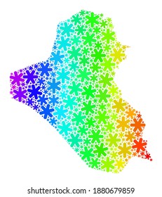 Bright gradient composition of Iraq map constructed for New Year holidays. Iraq map mosaic is shaped of colorful snow flakes. Designed for New Year applications.