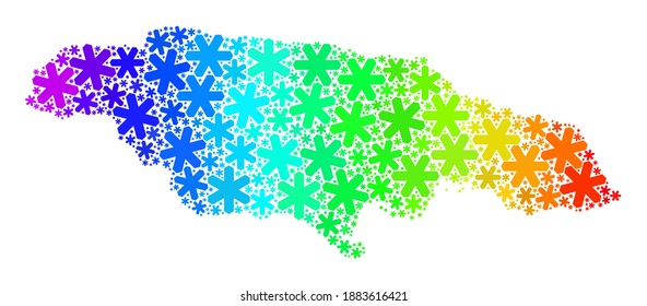 Bright gradient composition of Jamaica map constructed for New Year ads. Jamaica map mosaic is designed of bright snow parts. Designed for New Year purposes.
