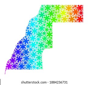 Bright gradient composition of Western Sahara map done for New Year ads. Western Sahara map mosaic is done of multicolored snow icons. Designed for political purposes.