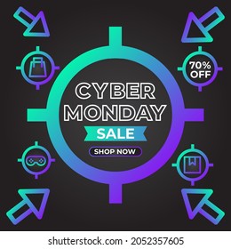 bright gradient cyber monday sale with target illustration, social media post promotion design