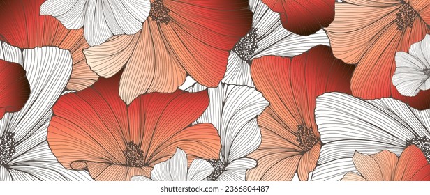 Bright gradient floral background with red and white flowers. Light vector background for various designs, creating wallpapers, cards, posts on social networks.