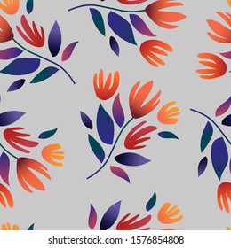 Bright gradient flowers with leaves. Seamless floral pattern