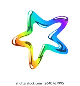 Bright gradient and hollow star with rounded shapes. Cute shiny object. Colorful rainbow star in y2k style.  Liquid organic shape. Isolated glass element on white background. Vector, cartoon.