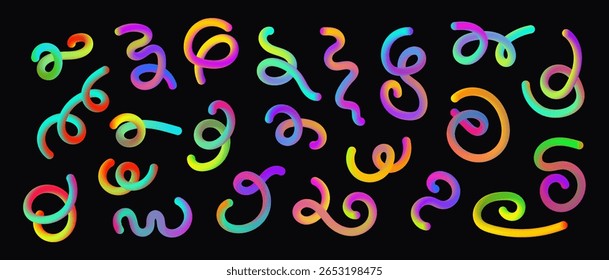 Bright Gradient Line shapes. Abstract wavy fluid element. Neon rainbow spiral and curved design elements. 3D Squiggle