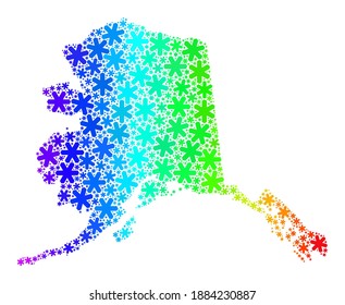 Mosaico degradado brillante del mapa de Alaska organizado para las ventas de Año Nuevo. El mosaico cartográfico de Alaska está hecho de cristales de hielo brillantes. Diseñado para anuncios patrióticos.