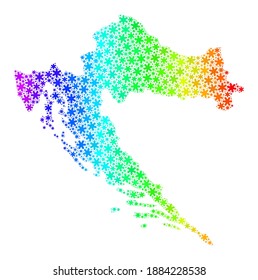 Bright gradient mosaic of Croatia map designed for Christmas holidays. Croatia map mosaic is organized with colorful snow. Designed for Christmas projects.