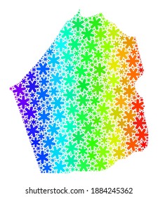 Bright gradient mosaic of Dubai Emirate map combined for New Year sales. Dubai Emirate map mosaic is composed of bright snow icons. Designed for New Year purposes.