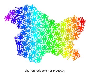 Bright gradient mosaic of Jammu and Kashmir State map designed for New Year sales. Jammu and Kashmir State map mosaic is done of colorful snow flakes. Designed for New Year purposes.