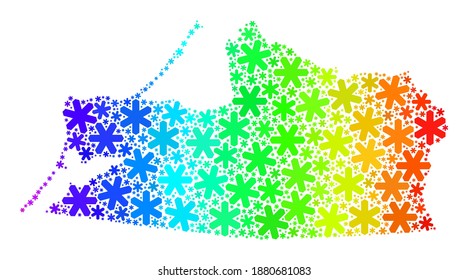 Bright gradient mosaic of Kaliningrad Region map done for Christmas holidays. Kaliningrad Region map mosaic is composed with bright snowflakes. Designed for Christmas sales.
