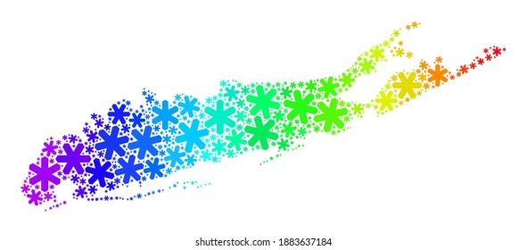 Bright gradient mosaic of Long Island map organized for Christmas ads. Long Island map mosaic is constructed with bright snow icons. Designed for patriotic purposes.